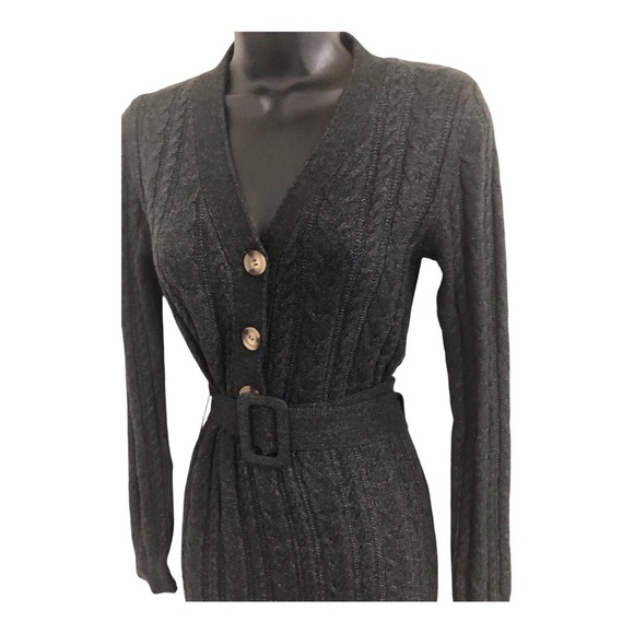Lucky Brand dark charcoal chunky knit belted v-neck sweater dress size small new - Picture 5 of 12